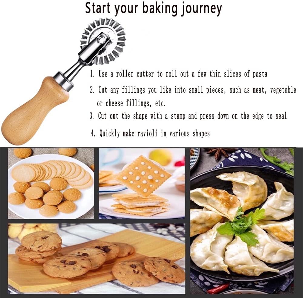 Ravioli Cutter Stamps with Roller Wheel Round Mold with Wooden Handle and Fluted Edge Pasta Press Pasta Cutter for Home and Kitchen Use- 1.3" Diameter