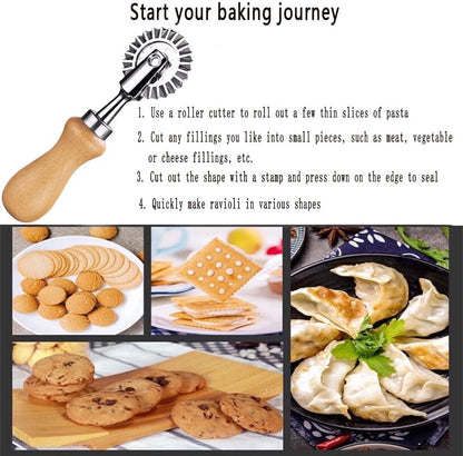 Ravioli Cutter Stamps with Roller Wheel Round Mold with Wooden Handle and Fluted Edge Pasta Press Pasta Cutter for Home and Kitchen Use- 1.3" Diameter