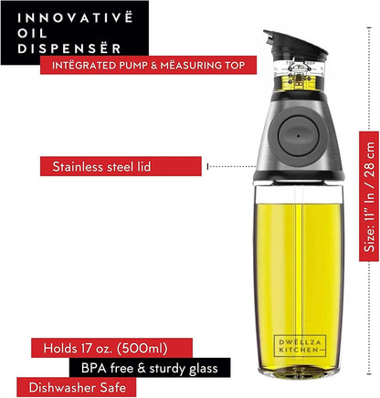 DWËLLZA KITCHEN Olive Oil Dispenser Bottle For Kitchen Set 6 oz Sprayer For Cooking and Glass 17 Oz. Cooking Pour Dispenser With Measurements for Cooking, Airfryer, Salad & BBQ