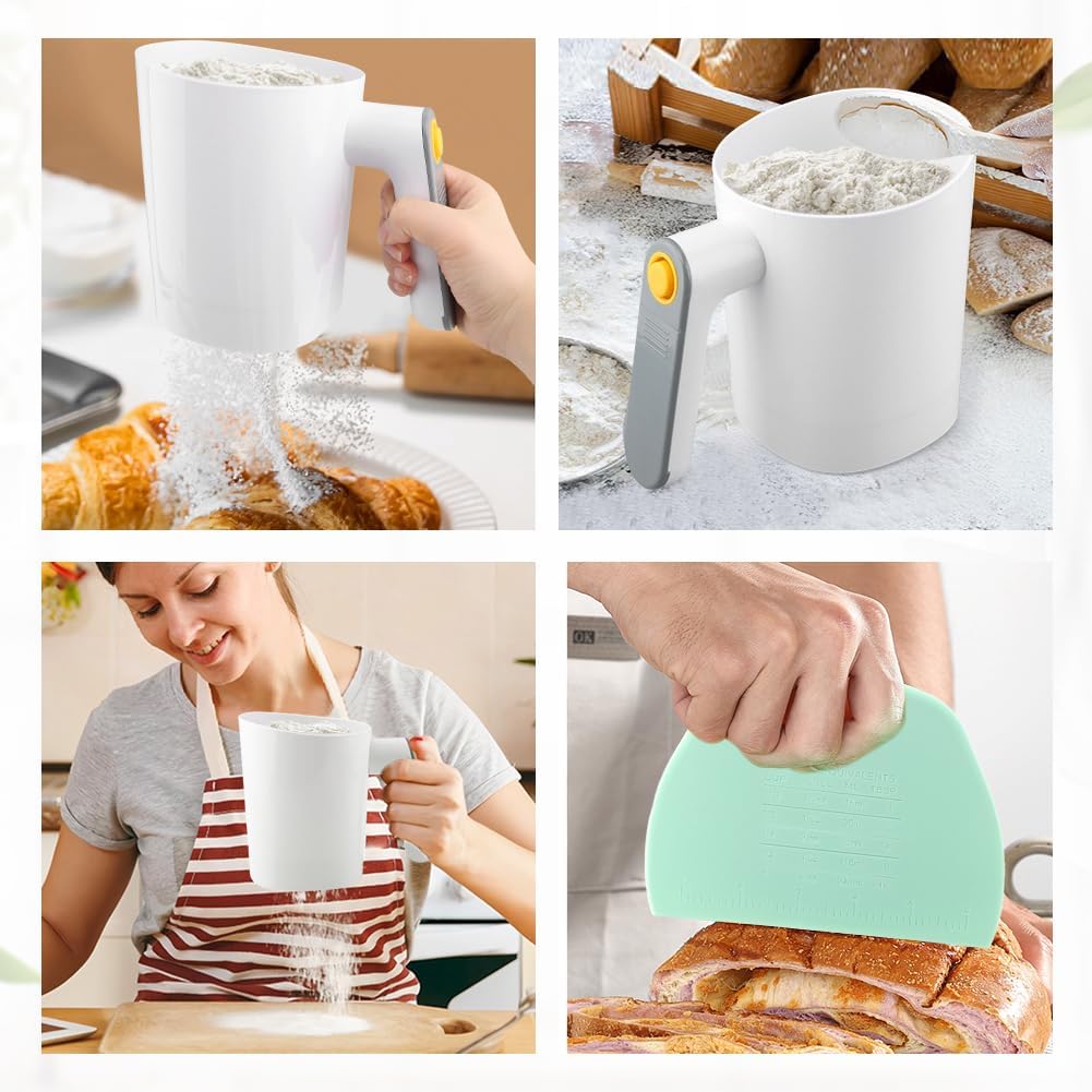 Electric Flour Sifter 32Oz with Dough Scraper, Fine Mesh Baking Sieve