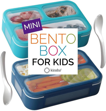 Small Snack Containers for Kids Toddlers - 3 Compartments (Set of 2) - Leak-Proof Reusable Boxes with Lids - BPA-Free Plastic Mini Bento Lunch Box - Holds 2 Cups Capacity (Pastel Blue+Teal Sparkle)
