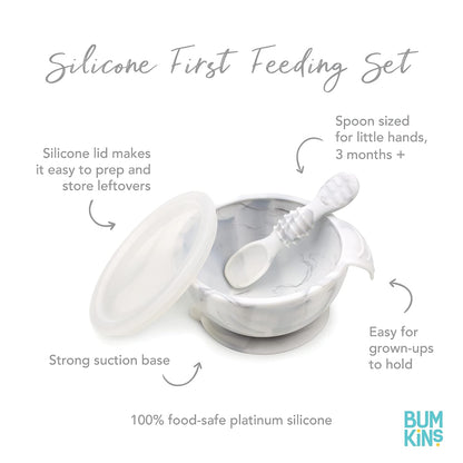 Bumkins Baby Bowl, Silicone Feeding Set with Suction for Baby and Toddler, Includes Spoon and Lid, First Feeding Set, Training Essentials for Baby Led Weaning for Babies 4 Months Up, Sage
