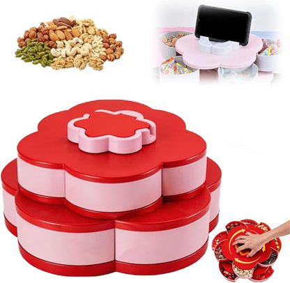10-Grid Petal Rotating Snack Tray with Lid, Portable Divided Snackle Box Container for Party, Picnic and Camping, 360° Smooth Spinning Fruit Platter for Nuts, Fruits and Candy (C)