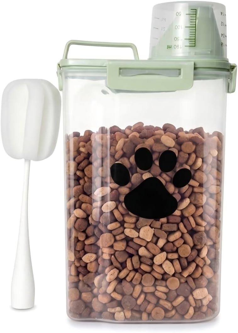 Dog Storage Container with cleaning brush,Measuring Cup,Portable Pet Food Containers with Upgraded Large Spout and Cup for Dogs,Cats,Birds,Small Animals(White)
