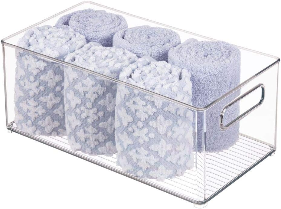mDesign Plastic Bathroom Storage Container Bins w/ Handles - Closet, Cabinet, Vanity, Cupboard Shelf Organization, Hair Tools Accessory Organizer - Ligne Collection; Clear, ‎5x3.75x16 (Pack of 8)