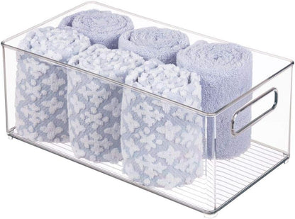 mDesign Plastic Bathroom Storage Container Bins w/ Handles - Closet, Cabinet, Vanity, Cupboard Shelf Organization, Hair Tools Accessory Organizer - Ligne Collection; Clear, ‎5x3.75x16 (Pack of 8)