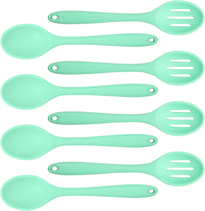 8 Pcs 8inch Heat Resistant Cooking Spoons for Nonstick Cookware Set -Ideal for Cooking, Baking, Mixing, Stirring Includes Slotted & Solid Spoons, Design for Nonstick Cookware (Black+Red+Green+Purple)