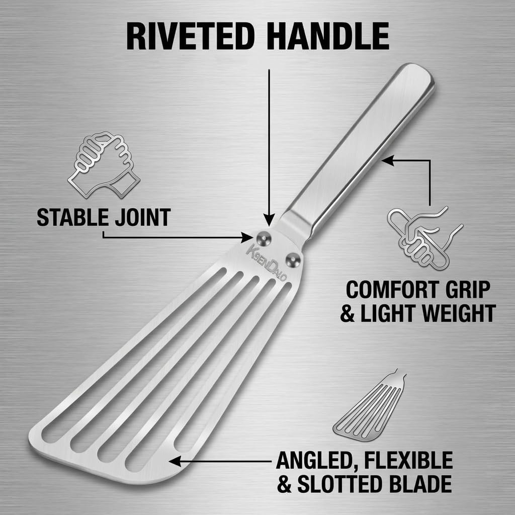 KSENDALO 2 Pack Flexible Fish Spatula Stainless Steel for Kitchen | Thin Edged Egg Spatula, Slotted Angled Blade Metal Turner, BBQ Flipper, Riveted for More Sturdy, Silver