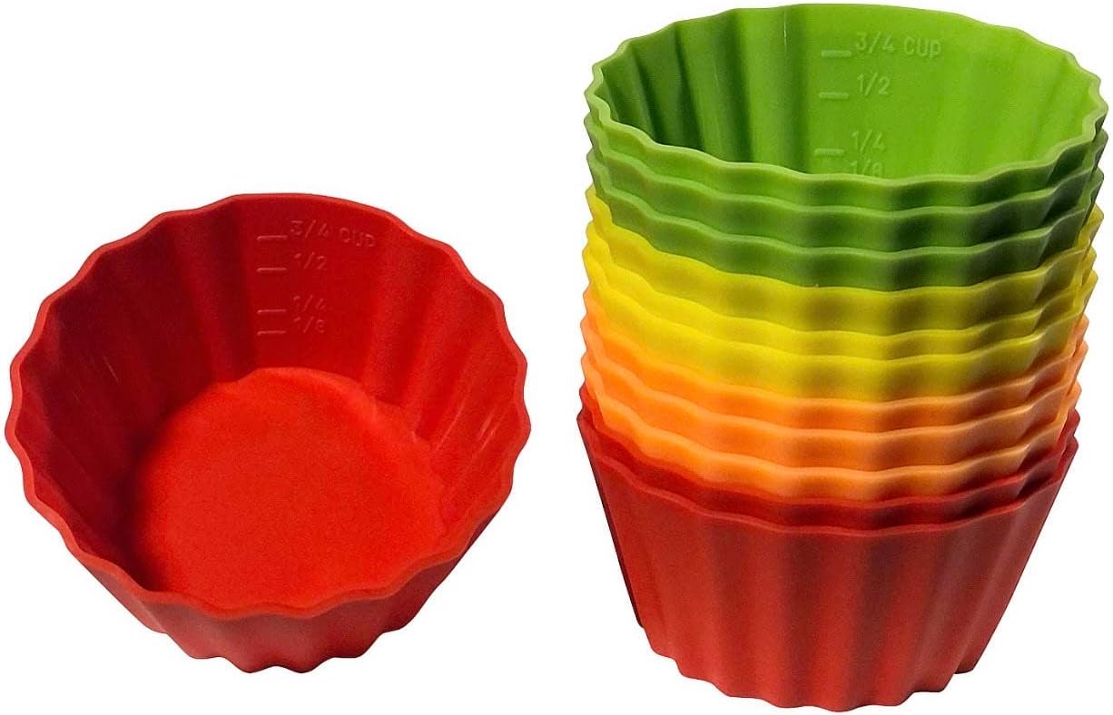12 Pack Measured Baking Cups Jumbo Silicone Muffin Cup Reusable Non-Stick Liners Easy To Read Measurements Four Colors Flexible Durable Microwave & Dishwasher Safe by Baking Made Easy