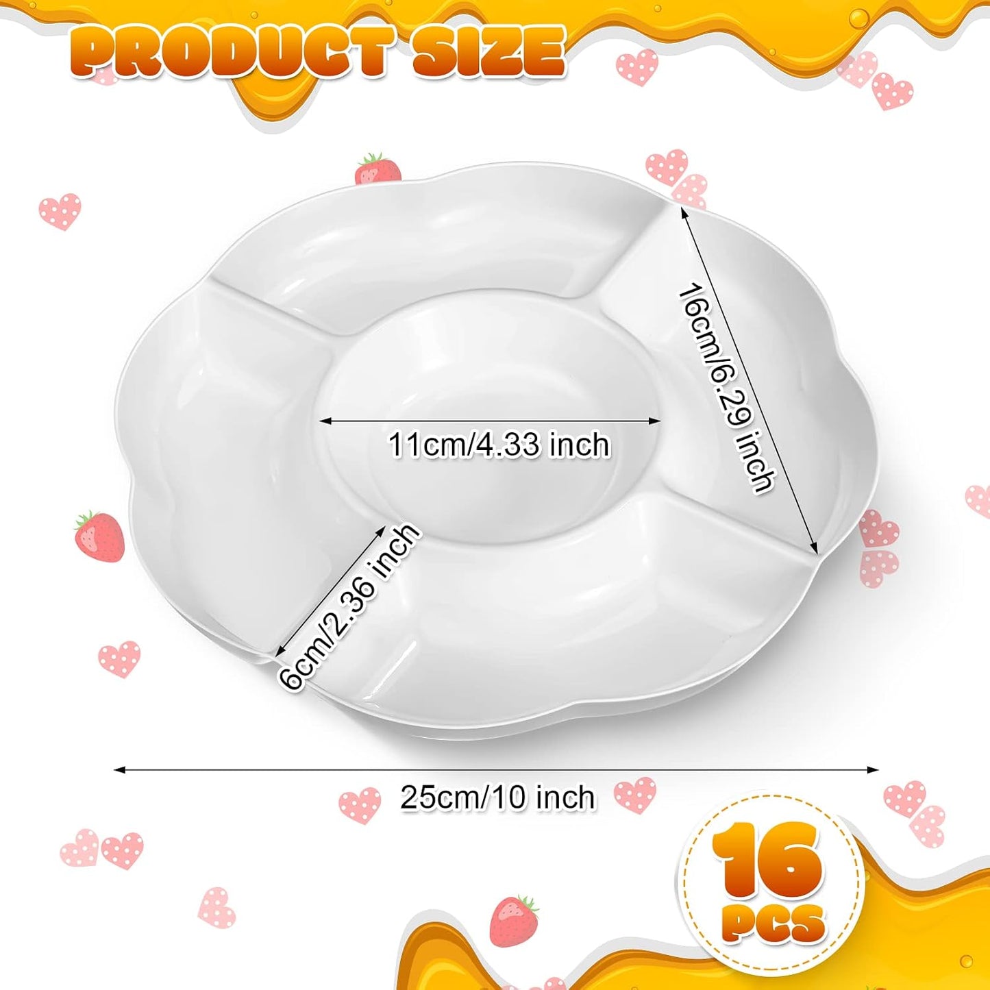 Zopeal 16 Pcs 5 Sectional Plastic Serving Tray Round Chip and Dip Serving Dish 10 Inch Fruit Veggie Platter Appetizer Plate with Dividers for Party Snack Candy Dish Platter(White)