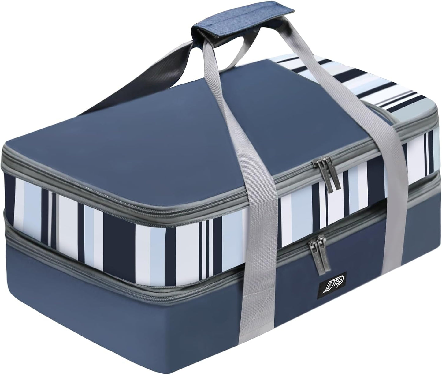 Double Decker Insulated Casserole Carrier, Expandable Thermal Food Warmer Bag Fits 9x13 Dish, Leak-Proof Potluck Lasagna Holder with Utensil Pocket for Picnic Party Cookout (Blue)