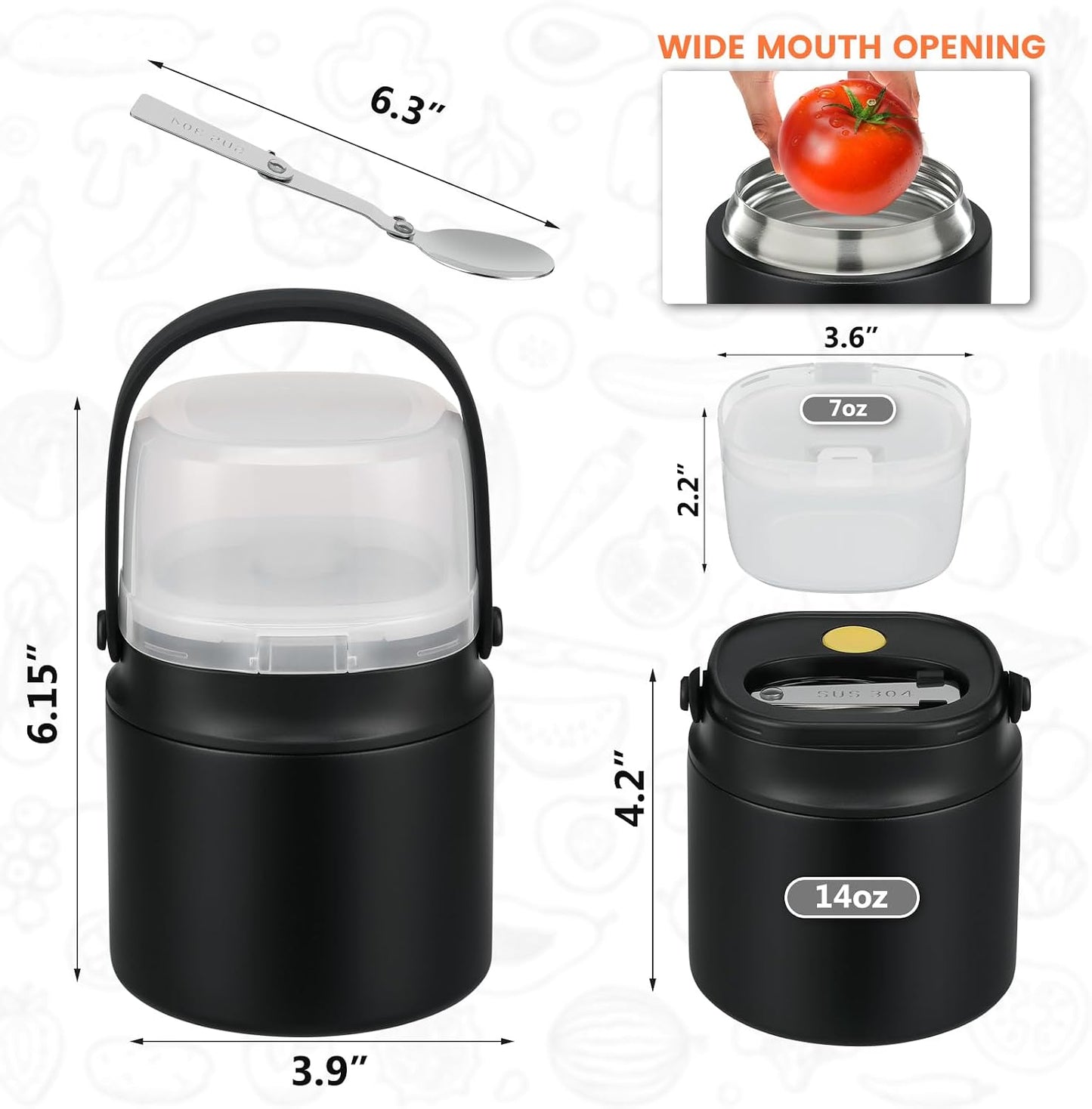 2 - in - 1 Soup Thermo for Hot Food 14oz with Snack Box Container Leak Proof Insulated Lunch Container Kids and Adults Stainless Steel Double Wall Vacuum Wide-mouth Thermal with Spoon and Handle