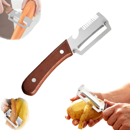 2-in-1 Multifunctional Vegetable Peeler with Wooden Handle & Stainless Steel Blade, Multifunctional Vegetable Peeler, Built-in Bottle Opener, Fruit & Vegetable Kitchen Peeling Tool (1Pcs)