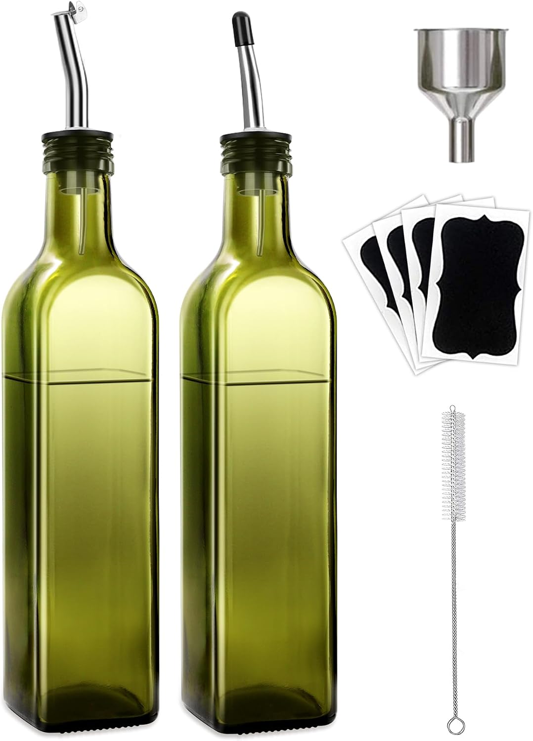 Leaflai Olive Oil Dispenser Bottle, Glass Olive Oil Dispenser and Vinegar Dispenser Set with Stainless Steel Pourers, 4 Labels,1 Brush and 1 Funnel Oil Bottles for Kitchen (500ml)
