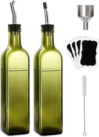 Leaflai Olive Oil Dispenser Bottle, Glass Olive Oil Dispenser and Vinegar Dispenser Set with Stainless Steel Pourers, 4 Labels,1 Brush and 1 Funnel Oil Bottles for Kitchen (500ml)