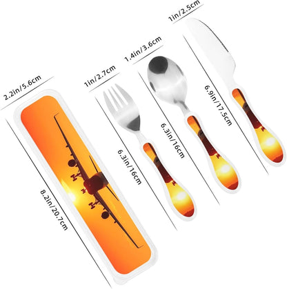 3-Piece Kids Silverware Set With Storage Case, Stainless Steel Reusable Children Safe Knife Spoon Fork Set Airplane Sunset Children Flatware Set For Kids Lunch Box