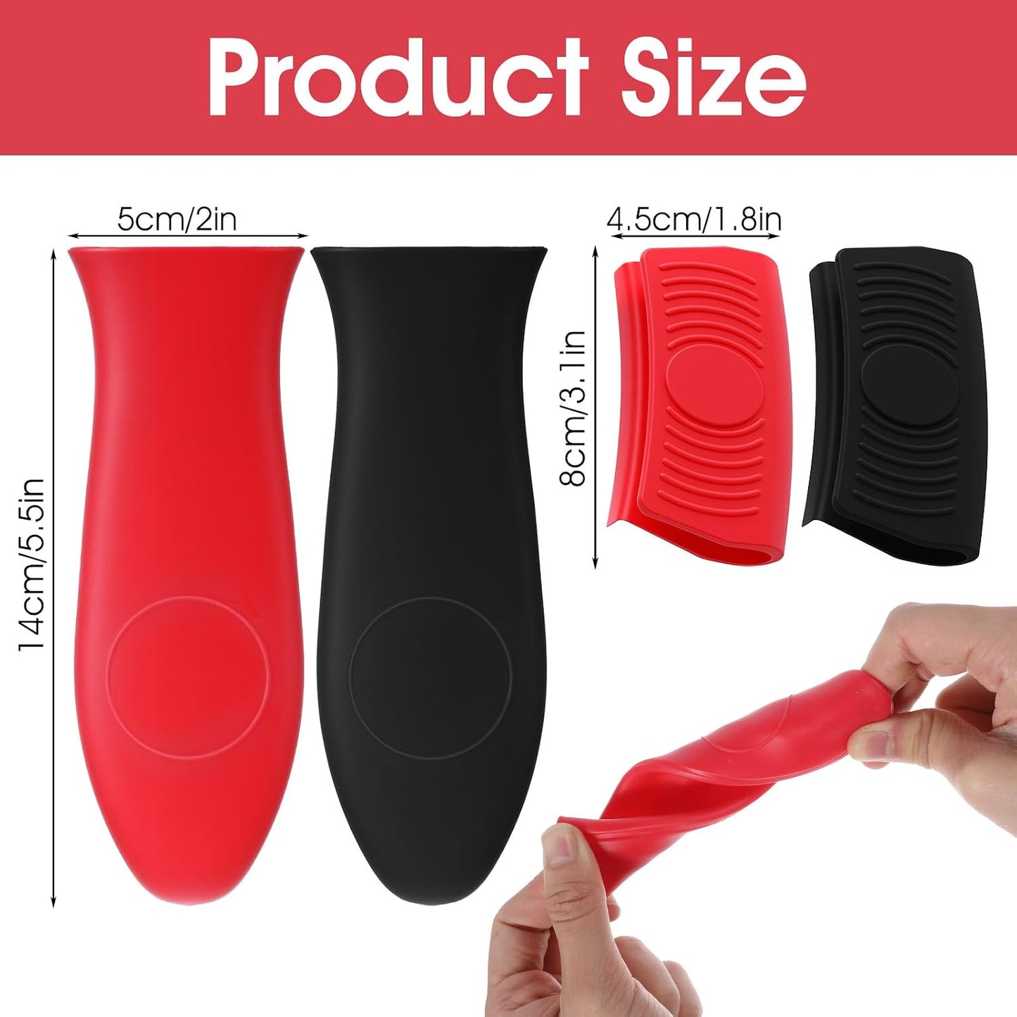 4 Pack Silicone Hot Handle Holder, Heat Resistant Silicone Pot Holders Non-Slip Pot Handle Holder Sleeve Grip Handles Cover Potholder for Cast Iron Metal Fry Pan Cookware Handles (Red, Black)