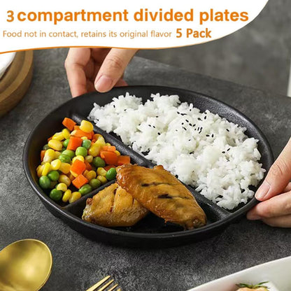 LRUUIDDE (5 Pack) Portion Control Plate for Balanced Eating, 9" Unbreakable Divided Plates,3 Compartment Plates, Reusable Plastic Plates, BPA Free for Adults