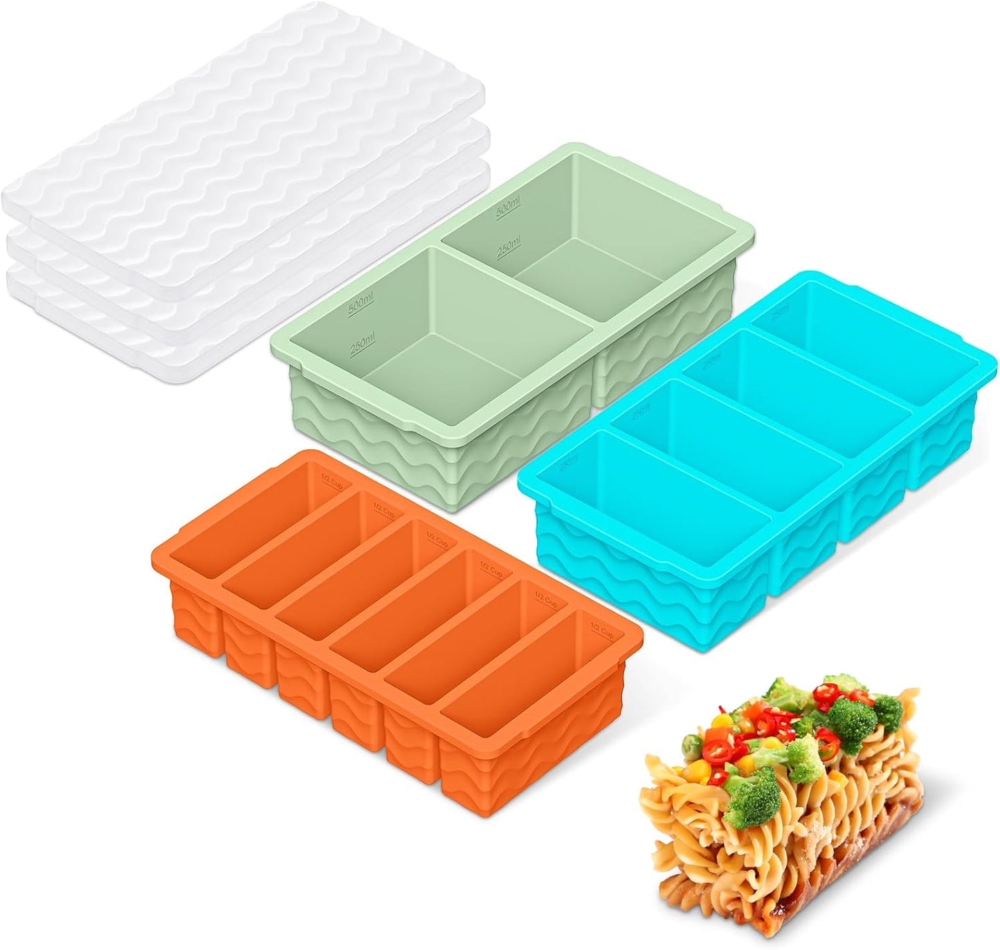3-Pack Silicone Freezer Trays with Lid,2 Large 2-Cup(500ml)&4 Medium 1-Cup(250ml)&6 Small 1/2-Cup(125ml) Soup Freezer Container Molds,Ice Cube Tray For Meal Prep&Freezing Soup,Stews,Sauces
