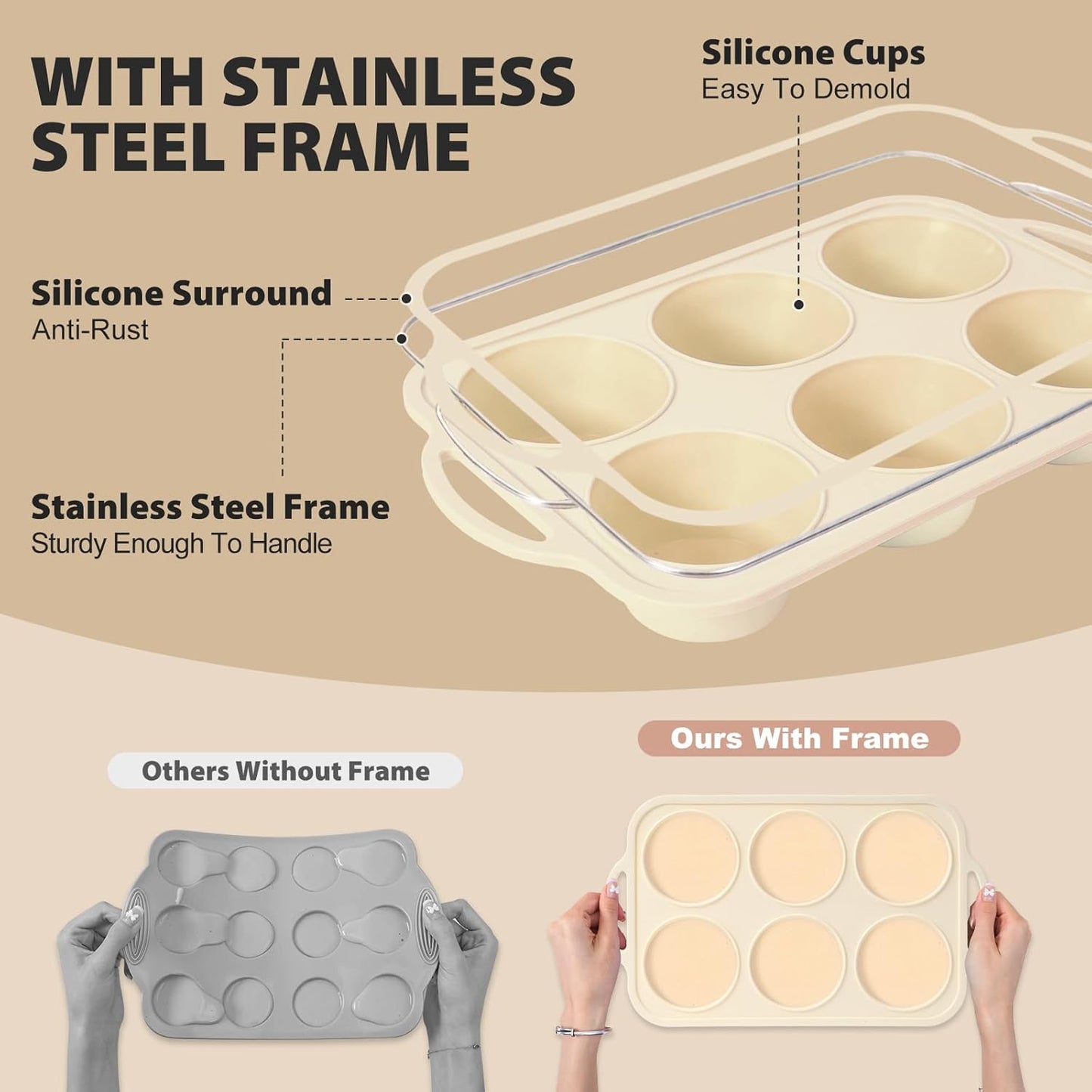 3Pcs Silicone Muffin Pan 6, 12 and 24 Cup with Metal Frame, Non Stick Jumbo Cupcake Pan with Handles, BPA Free Silicon Mini Muffin Tin Regular Tray For Baking,Egg Bites,Mold Light Grey