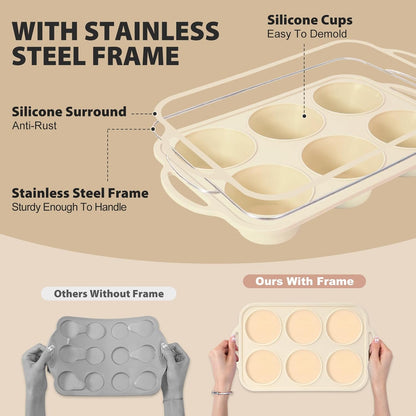 3Pcs Silicone Muffin Pan 6, 12 and 24 Cup with Metal Frame, Non Stick Jumbo Cupcake Pan with Handles, BPA Free Silicon Mini Muffin Tin Regular Tray For Baking,Egg Bites,Mold Light Grey