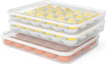 77L Deviled Egg Containers with Lid, (Set of 2), Plastic Egg Holder for Refrigerator for 48 Eggs, Clear Storage Deviled Egg Carrier Tray, Fridge Stackable Countertop Portable Egg Dispenser