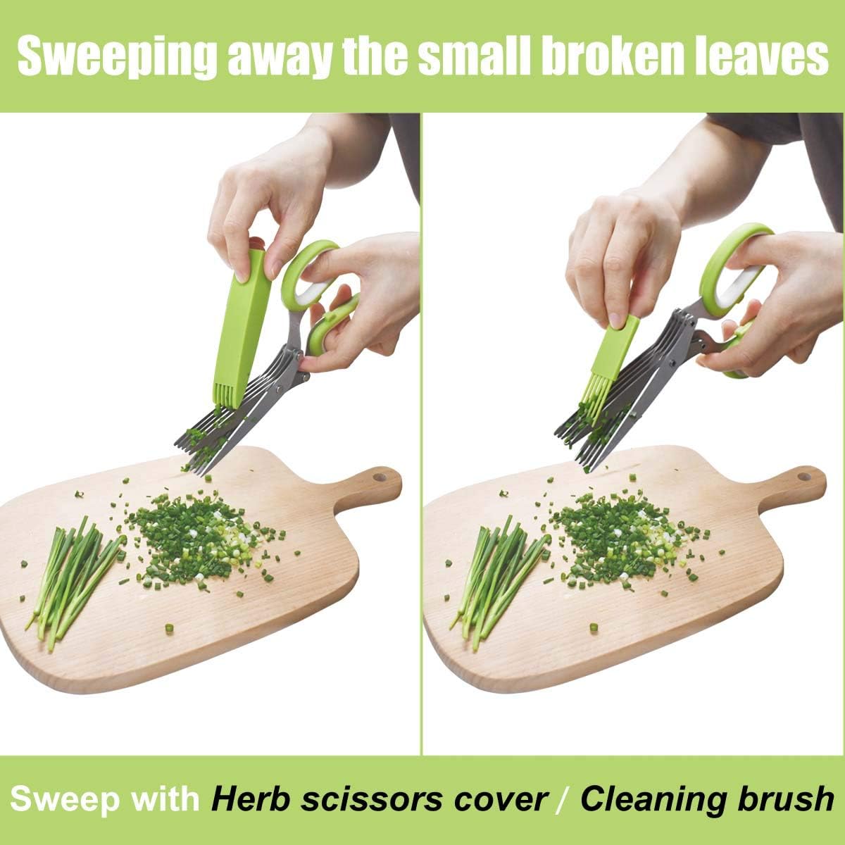5-Blade Herb Cutter Scissors with Safety Cover, Cleaning Comb - Green