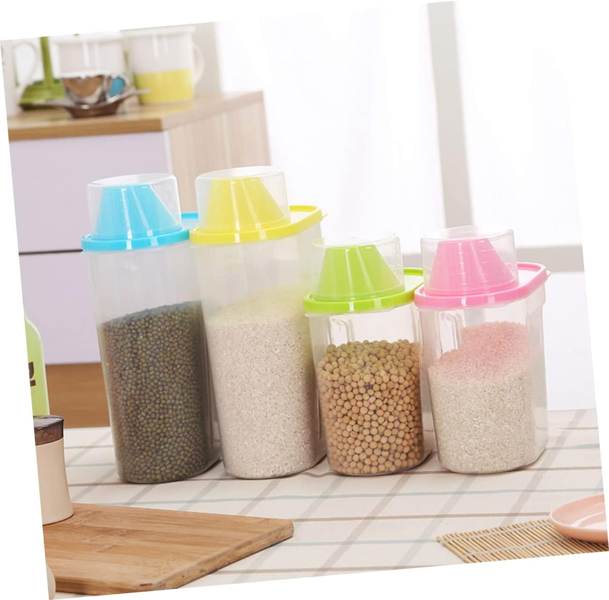 Healifty Large Clear Airtight Food Storage Container with Pour Spout and Measuring Cup Grain Keeper for Cereal Rice Beans Nuts and Dry Foods Blue Plastic Canister for Kitchen Pantry