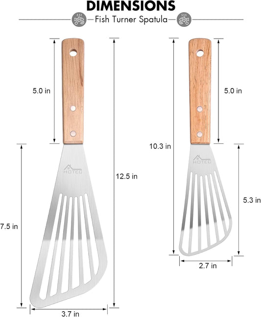 HOTEC 2pcs Stainless Steel Wooden Handle Fish Spatula, Metal Spatula Flipping Foods