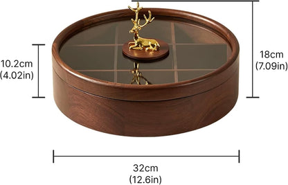 12" Wooden Serving Tray with Lid, 360° Rotating Snack Try, 9 Compartments, Platter Organizer for Snacks, Candy, Nuts, Chips, Tray for Party, Family Dinner for Mom