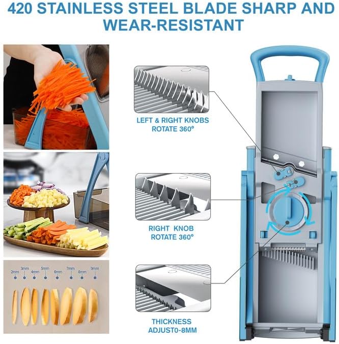 [All in 1] Upgraded Version Safe Mandoline Slicer for Kitchen, Adjustable Thickness. Veggie Slicer, Rapid Prep Mandoline, Detachable Blade, Cleaning Brush/Paring Knife (Black Knight)