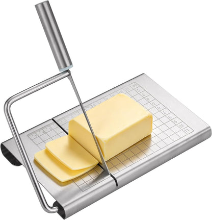 Cheese Slicer, Multipurpose Stainless Steel Cheese Cutter, Professional Upgrade with Sharp Blade & Engraved Measuring Scale Board for Block Cheese, Butter, Ham, Sausages Baking Gadget
