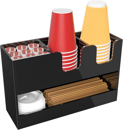 Coffee Condiment and Cup Organizer - 2-Tier Upright Cup and Lid Holder with Straw Organizer 2 Compartments Clear Acrylic Cup Dispenser for Restaurant Breakroom Coffee Station Countertop