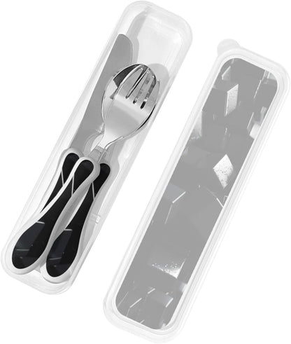 3-Piece Kids Silverware Set With Storage Case, Stainless Steel Reusable Children Safe Knife Spoon Fork Set Black And White Grid Children Flatware Set For Kids Lunch Box