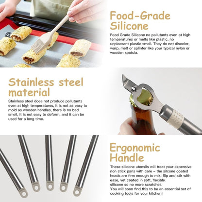 Kitchen Utensil Set-Silicone Cooking Utensils-33 Kitchen Gadgets & Spoons for Nonstick Cookware-Silicone and Stainless Steel Spatula Set-Best Kitchen Tools, Useful Pots (Khaki)