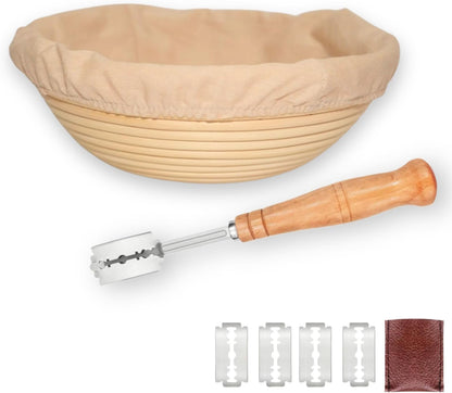 Banneton Sourdough Bread Proofing Basket, Premium AA-Grade, 9 Inch for Round, Boules Loaves, Vietnamese Banneton with Cloth Cover, Bread Lame Holder with 5 Blades (9.1 Inch)