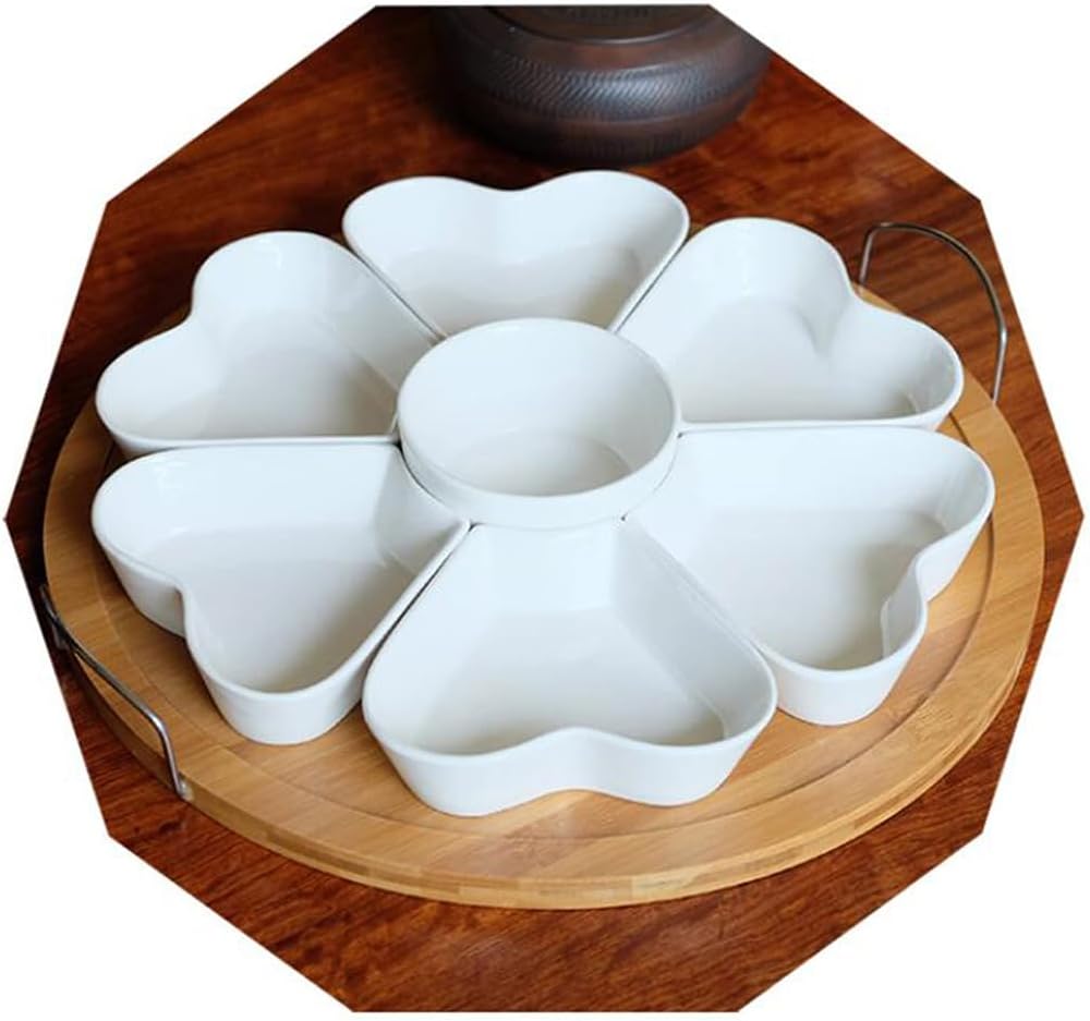 Appetizer Serving Tray with Bamboo Holder and Lid, Ceramic Divided Serving Platter with Food Picks, Relish Tray for Chips and Dip, Veggies, Candy and Snacks, Parties T
