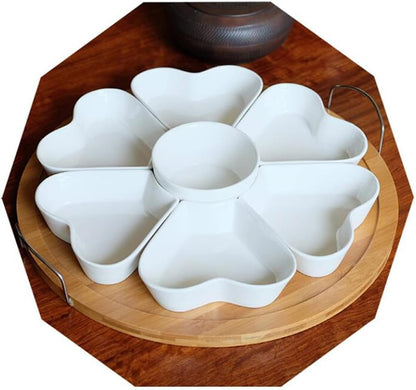 Appetizer Serving Tray with Bamboo Holder and Lid, Ceramic Divided Serving Platter with Food Picks, Relish Tray for Chips and Dip, Veggies, Candy and Snacks, Parties T