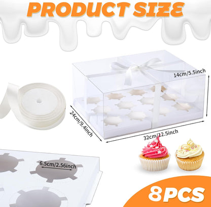 JCD 4 Pack Clear Cupcake Boxes, Plastic Cupcake Containers with Gift Ribbon, 5.5inches height Holder 6 Count Cup Cake Boxes for Parties, Baking, Wedding, Transport (6count/4pcs)