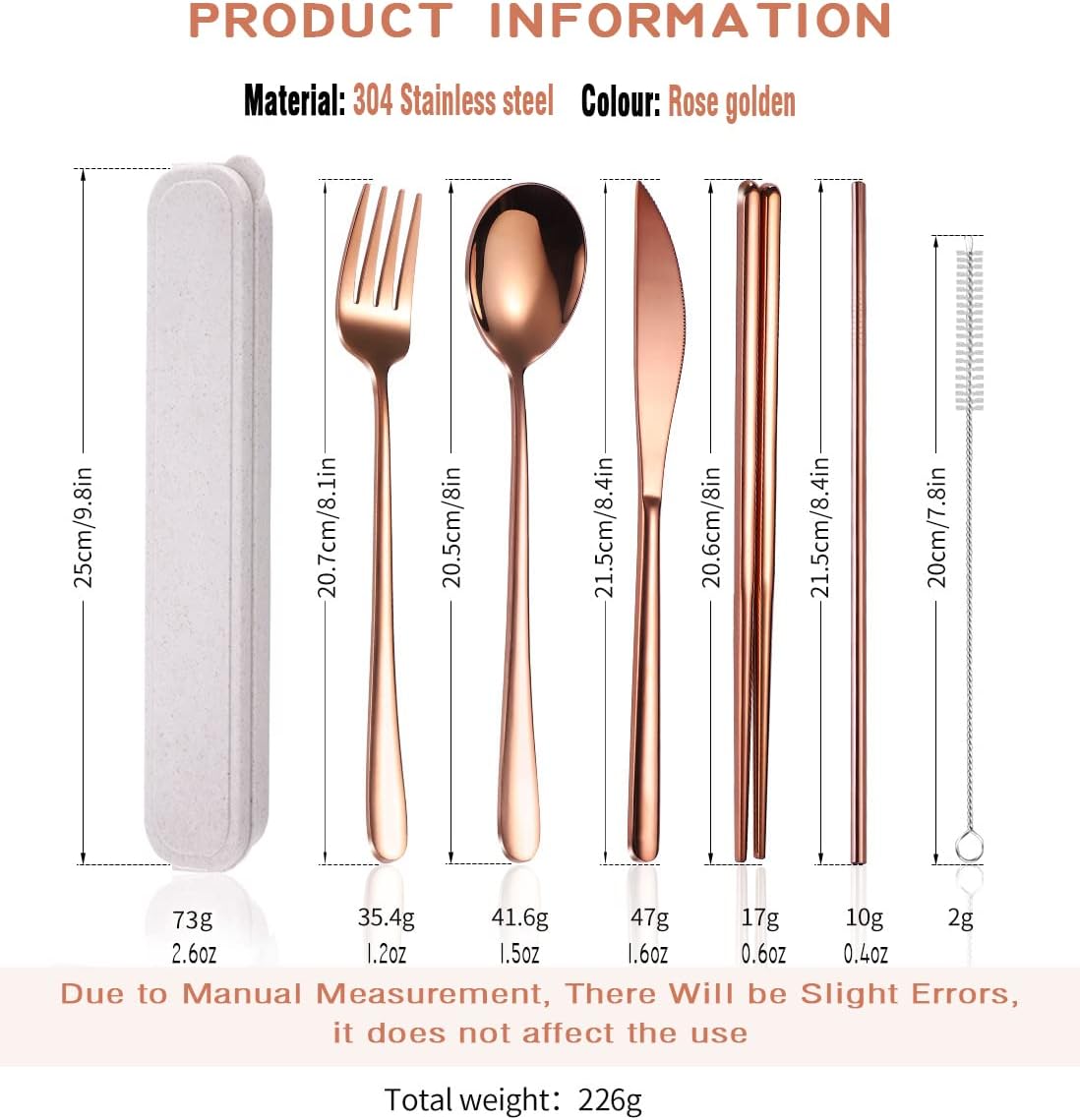 AARAINBOW 6 Pieces 18/8 Stainless Steel Flatware Set Portable Reusable Cutlery Set Travel Utensils Set Including Chopsticks Knife Fork Spoon Straws Cleaning Brush Dishwasher Safe (Green golden)