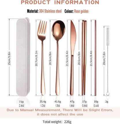AARAINBOW 6 Pieces 18/8 Stainless Steel Flatware Set Portable Reusable Cutlery Set Travel Utensils Set Including Chopsticks Knife Fork Spoon Straws Cleaning Brush Dishwasher Safe (Green golden)