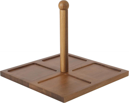 Gibson Elite 3-Section Stoneware Serving Tray with Acacia Lid – Taupe Rectangular Chip & Dip, Condiment, Snack and Appetizer Server for Parties & Entertaining