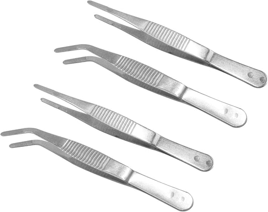 4-Pack 5 Inch Straight and Curved Stainless Steel Tweezers