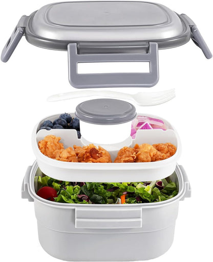 Salad Container for Lunch - 55 oz Salad Bowl with 4-Compartment Bento-Style Tray, 3 oz Sauce Box, Reusable Spork & BPA-Free, Lunch Box for Meal Prep & Food Storage(Gray)