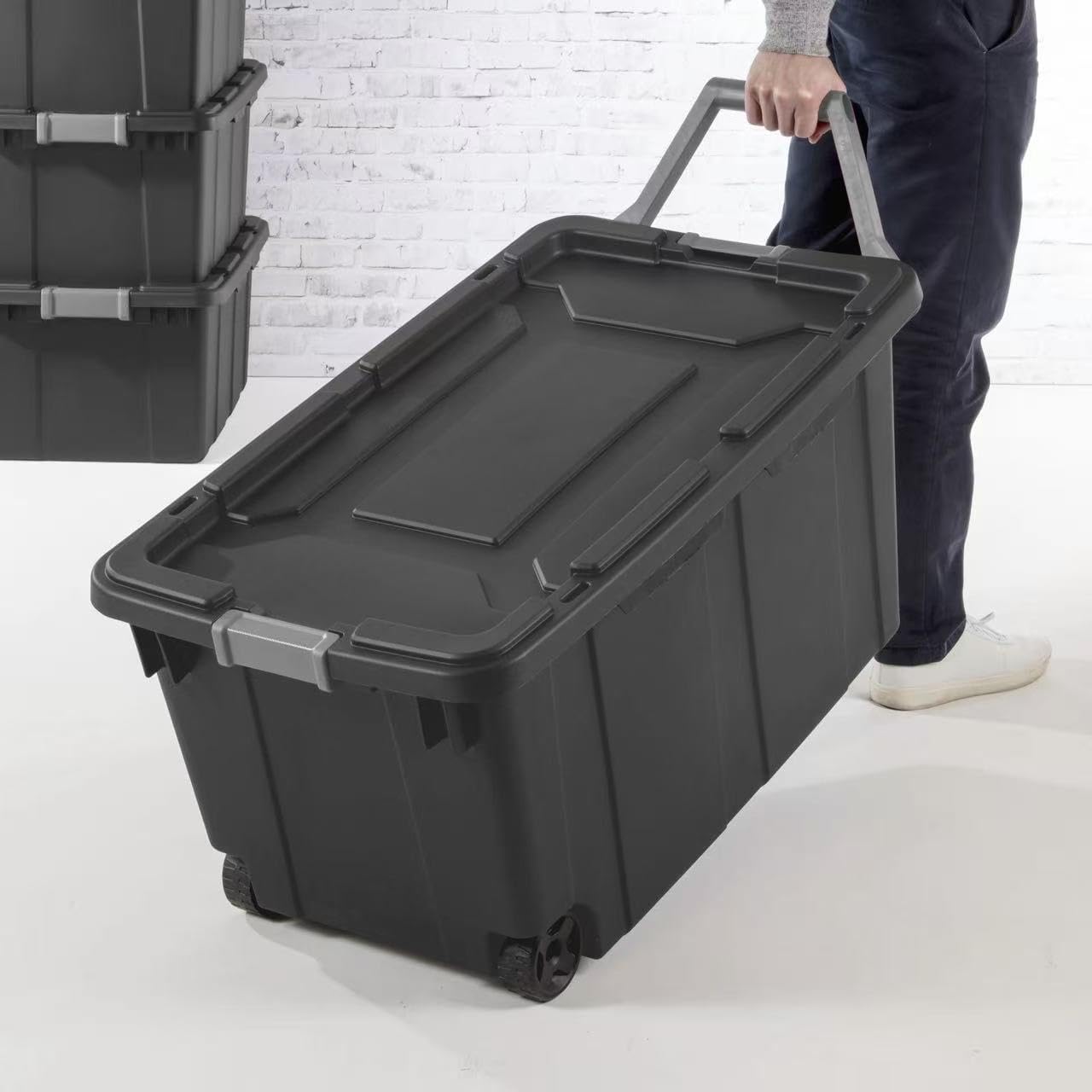 40 Gallon Extra-Large Wheeled Storage Bin, Heavy Duty Plastic Tote with Latching Lid and Pull Handle, Industrial Stackable Container for Garage, Moving