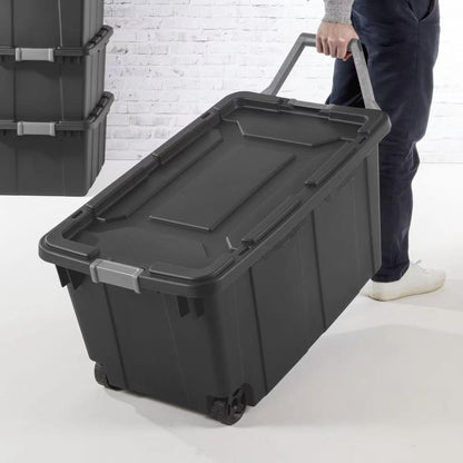 40 Gallon Extra-Large Wheeled Storage Bin, Heavy Duty Plastic Tote with Latching Lid and Pull Handle, Industrial Stackable Container for Garage, Moving