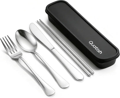 Travel Utensils with Case, Quatish 5 Piece Stainless Steel Silverware Set for Work, Portable Reusable Travel Cutlery Set, Fork and Spoon Set for Picnic, Camping, Gadgets, Lunch Box for Men, Rainbow