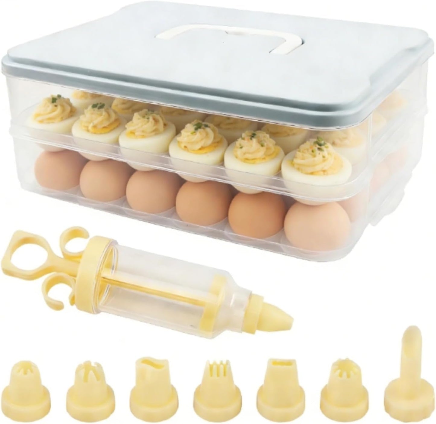 Deviled Egg Containers Set of 2, 48 Count Total 12×8.86×4.92inch Egg Storage Trays with Lid & Handle, Stackable Carrier with Piping Bottle for Party Picnic