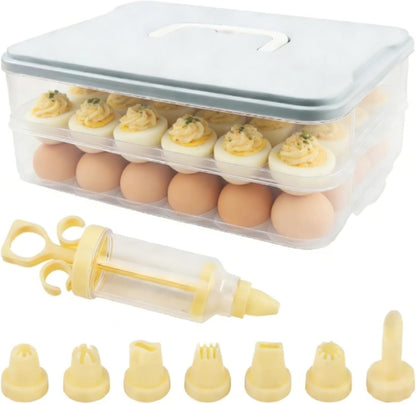 Deviled Egg Containers Set of 2, 48 Count Total 12×8.86×4.92inch Egg Storage Trays with Lid & Handle, Stackable Carrier with Piping Bottle for Party Picnic