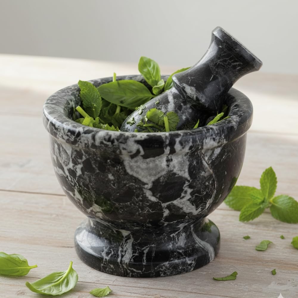Mortar and Pestle Set – Large Stone Grinder with Polished Bowl & Non-Slip Base | Elegant Onyx Marble Kitchen Tool for Spices, Herbs & Guacamole